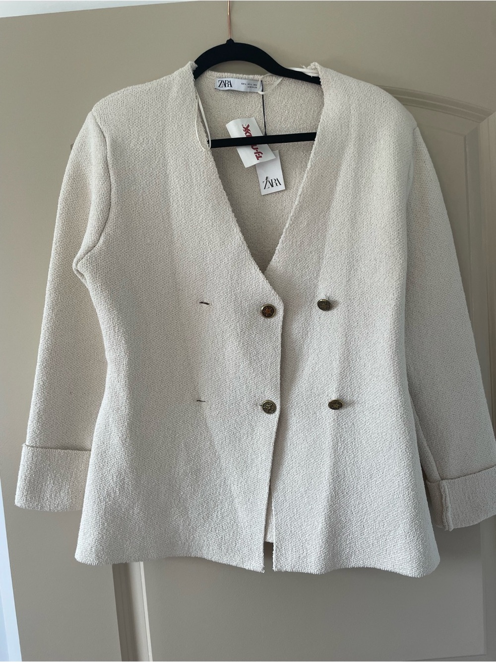 Zara Off-White Double-Breasted Textured Blazer